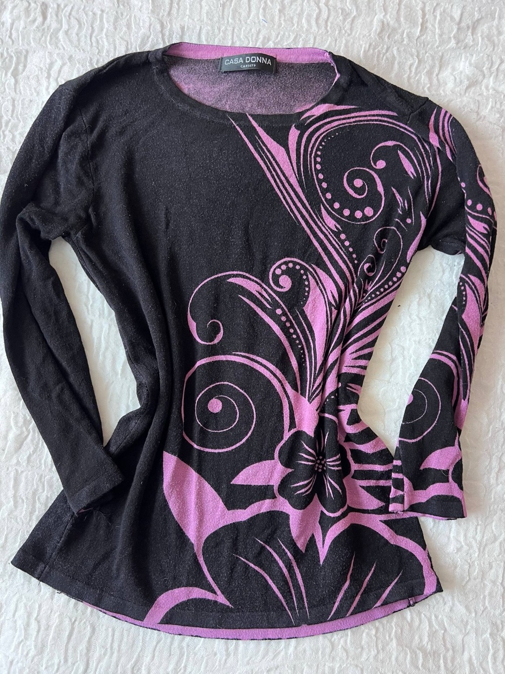 Casa Donna Black Long-Sleeve Top with Purple Floral Print
